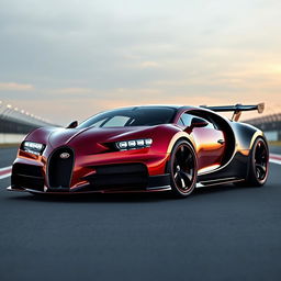 An imposing Bugatti sports car outfitted with a custom body kit, featuring oversized tires and a robust, aerodynamic spoiler