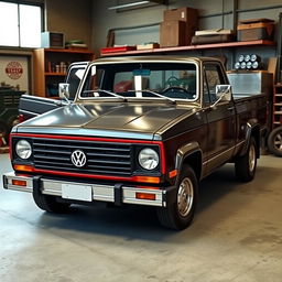 A Volkswagen pickup truck exuding the robust, substantial feel of a classic vehicle, designed with the appearance of a Mk2 Golf and a T3 van