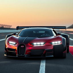 An imposing Bugatti sports car outfitted with a custom body kit, featuring oversized tires and a robust, aerodynamic spoiler