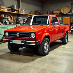 A Volkswagen pickup truck exuding the robust, substantial feel of a classic vehicle, designed with the appearance of a Mk2 Golf and a T3 van