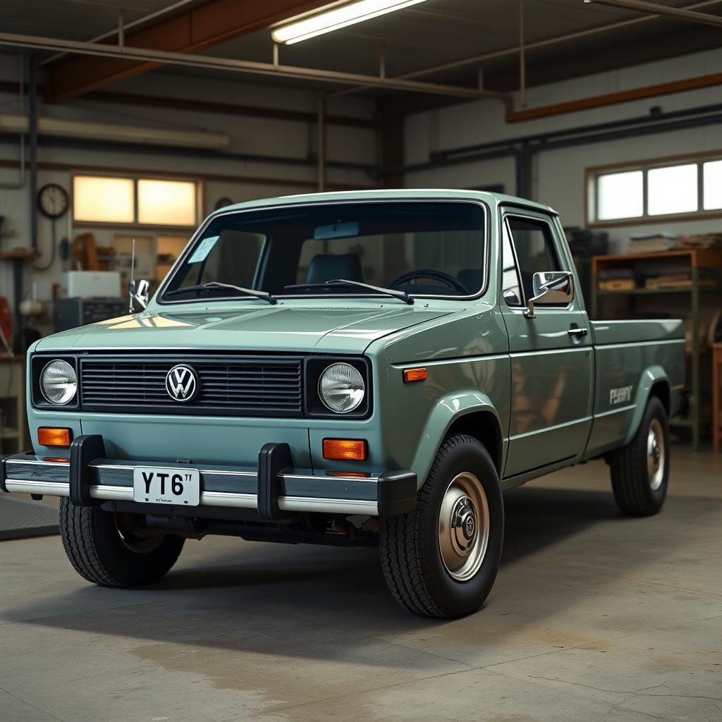 A Volkswagen pickup truck exuding the robust, substantial feel of a classic vehicle, designed with the appearance of a Mk2 Golf and a T3 van