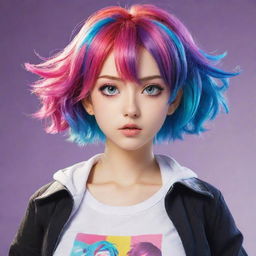 Anime female character with vibrant hair, expressive eyes and wearing a trendy outfit from a modern fantasy world.