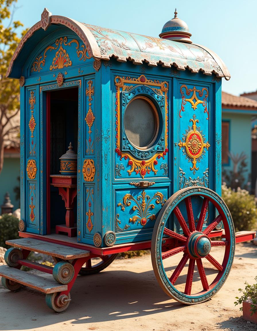 A bright blue gypsy caravan adorned with intricate foreign motifs, showcasing vibrant designs and patterns