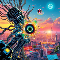 A unique comic book cover illustrating a dynamic fusion of digital technology, atomic nucleus, radioactivity, and energy sources