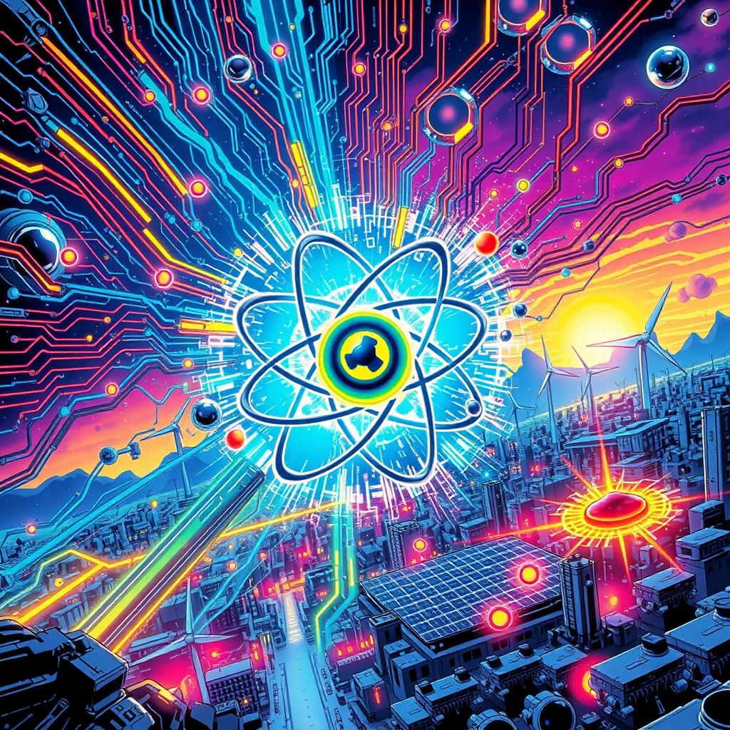 A unique comic book cover illustrating a dynamic fusion of digital technology, atomic nucleus, radioactivity, and energy sources