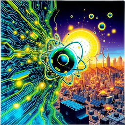 A unique comic book cover illustrating a dynamic fusion of digital technology, atomic nucleus, radioactivity, and energy sources