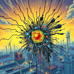 A unique comic book cover illustrating a dynamic fusion of digital technology, atomic nucleus, radioactivity, and energy sources