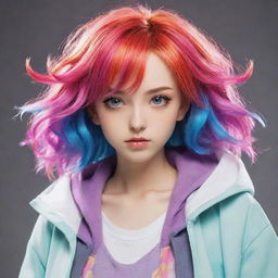 Anime female character with vibrant hair, expressive eyes and wearing a trendy outfit from a modern fantasy world.