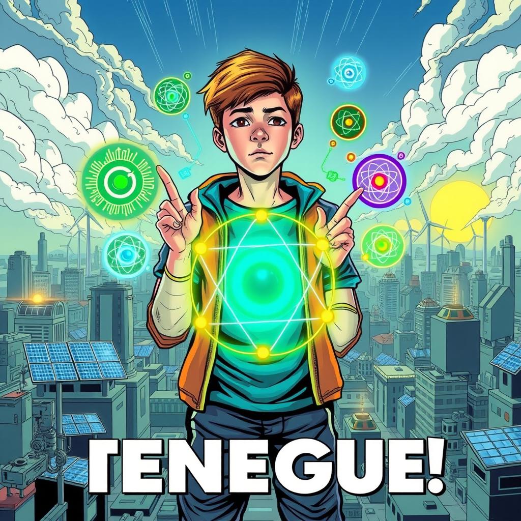 A unique comic book cover featuring a teenager at the center, symbolizing curiosity and discovery, surrounded by the theme of digital technology, atomic nucleus, radioactivity, and energy sources