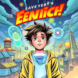 A unique comic book cover featuring a teenager at the center, symbolizing curiosity and discovery, surrounded by the theme of digital technology, atomic nucleus, radioactivity, and energy sources