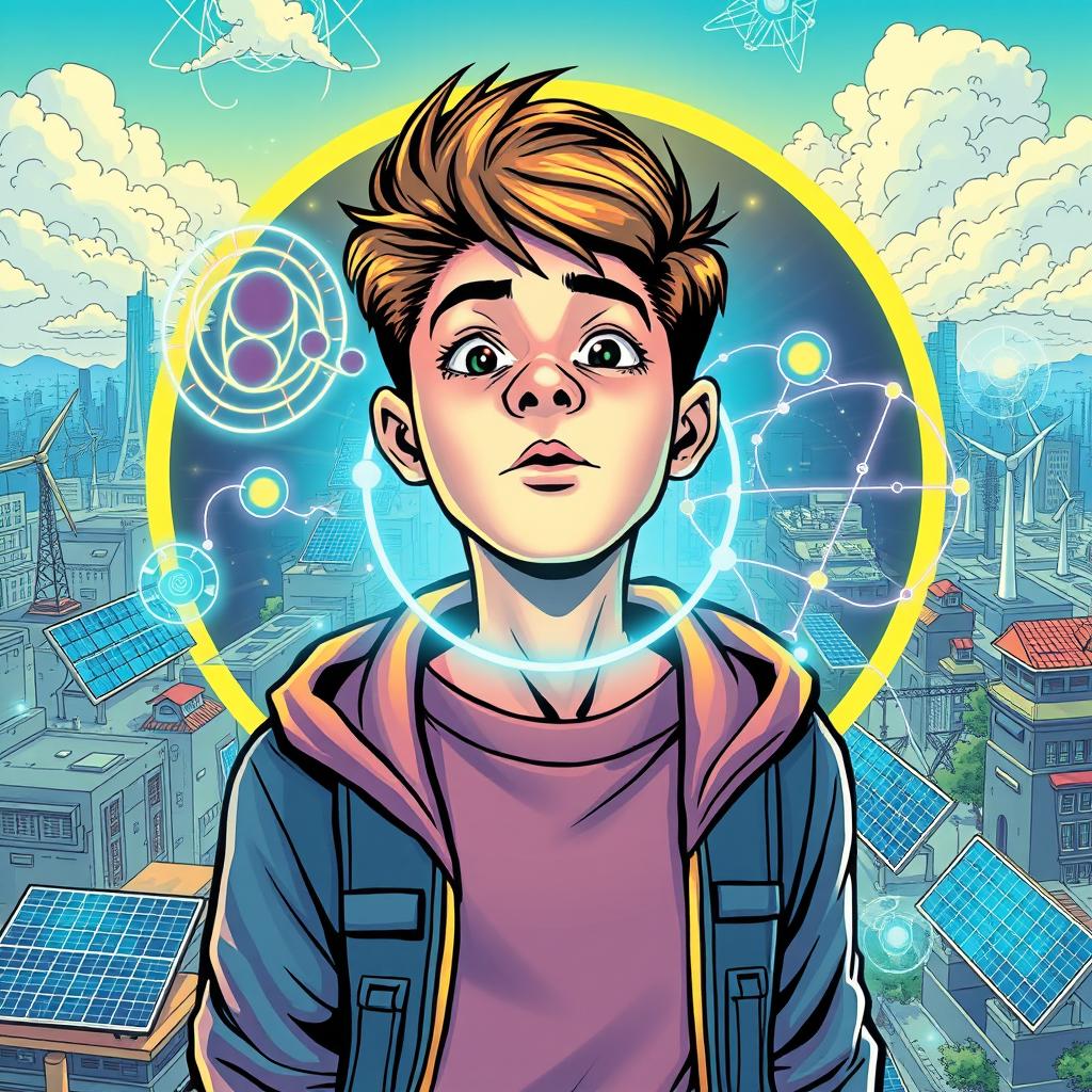 A unique comic book cover featuring a teenager at the center, symbolizing curiosity and discovery, surrounded by the theme of digital technology, atomic nucleus, radioactivity, and energy sources