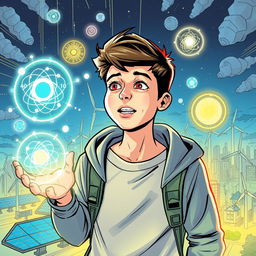 A unique comic book cover featuring a teenager at the center, symbolizing curiosity and discovery, surrounded by the theme of digital technology, atomic nucleus, radioactivity, and energy sources