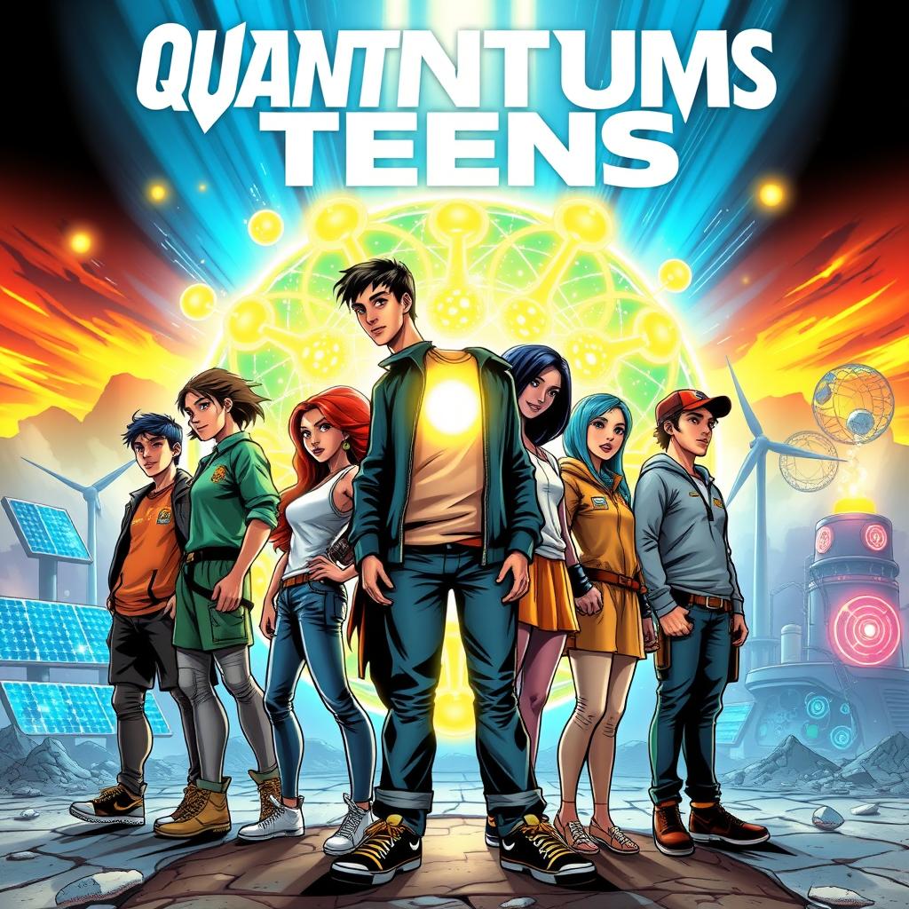 A captivating comic cover featuring a group of diverse teenagers, each representing a unique aspect of digital technology and science