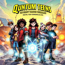 A captivating comic cover featuring a group of diverse teenagers, each representing a unique aspect of digital technology and science