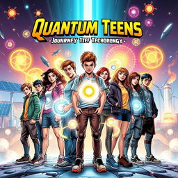 A captivating comic cover featuring a group of diverse teenagers, each representing a unique aspect of digital technology and science