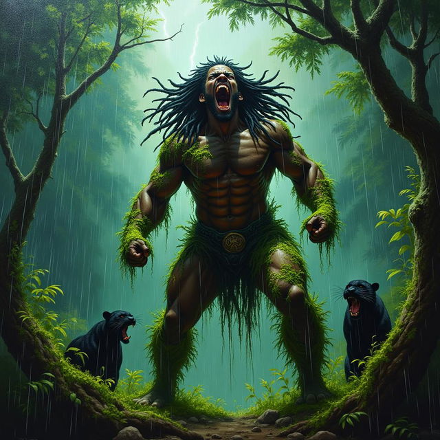 A polished, finished oil-based painting depicting a full-body view of an epic, enraged, and gorgeously ferocious muscular black-skinned man with striking dreadlocks