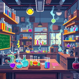 A pixelated digital scene depicting a lively laboratory, filled with scientific equipment and bubbling experiments