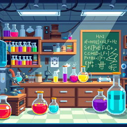 A pixelated digital scene depicting a lively laboratory, filled with scientific equipment and bubbling experiments