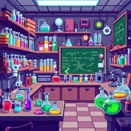 A pixelated digital scene depicting a lively laboratory, filled with scientific equipment and bubbling experiments