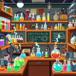 A pixelated digital scene depicting a lively laboratory, filled with scientific equipment and bubbling experiments