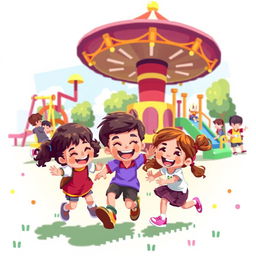 A lively pixelated digital scene featuring children playing in a vibrant playground