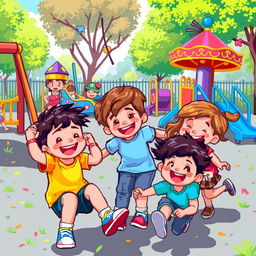 A lively pixelated digital scene featuring children playing in a vibrant playground