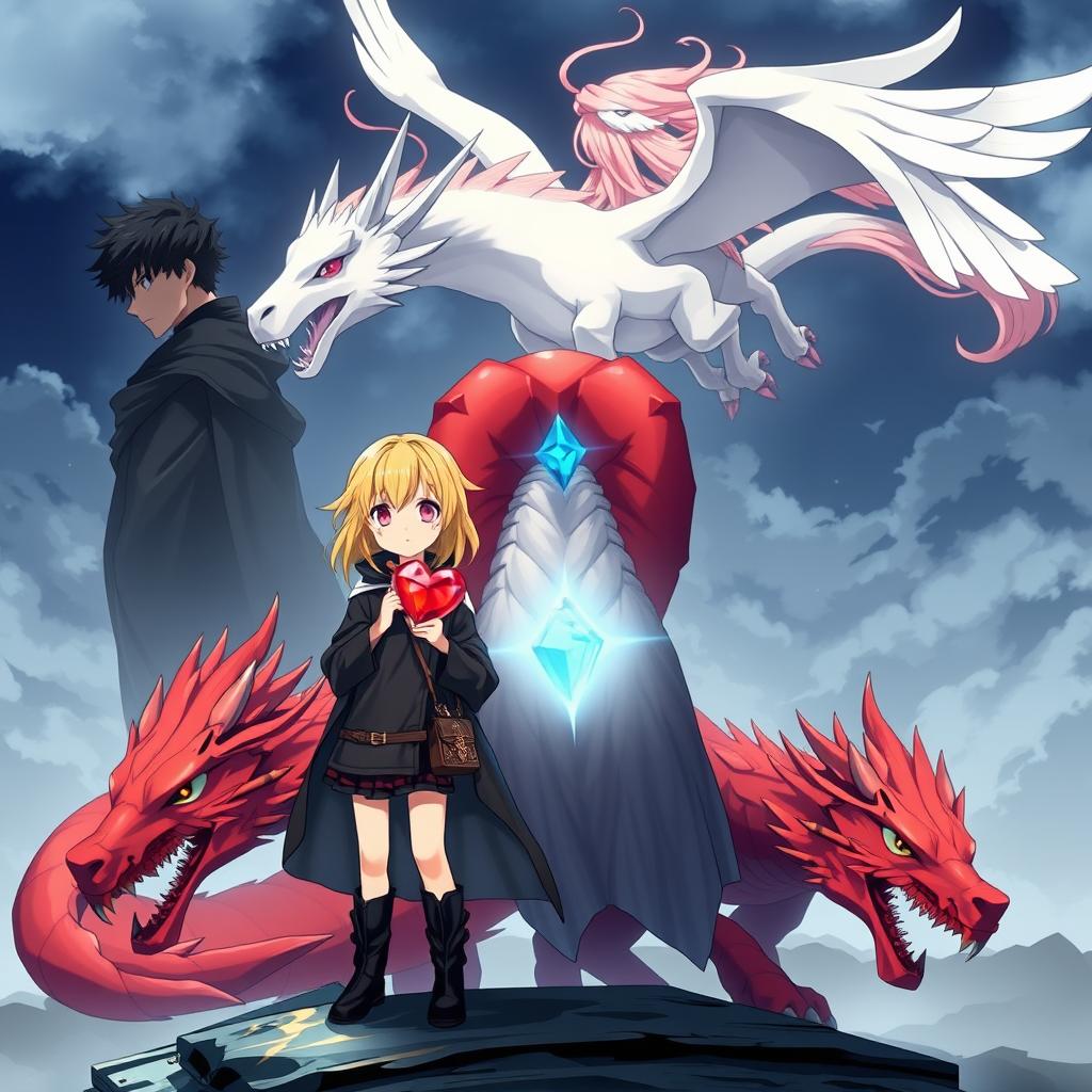 A movie poster for an anime adventure fantasy theme featuring an anime girl with blonde hair wearing a black cloak, black boots, and carrying a small purse