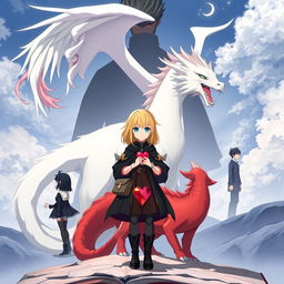 A movie poster for an anime adventure fantasy theme featuring an anime girl with blonde hair wearing a black cloak, black boots, and carrying a small purse