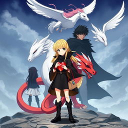 A movie poster for an anime adventure fantasy theme featuring an anime girl with blonde hair wearing a black cloak, black boots, and carrying a small purse