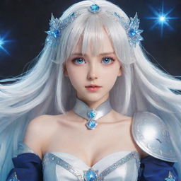 Anime female character with shoulder-length white hair, sparkling blue eyes and a magical costume from a fantasy world