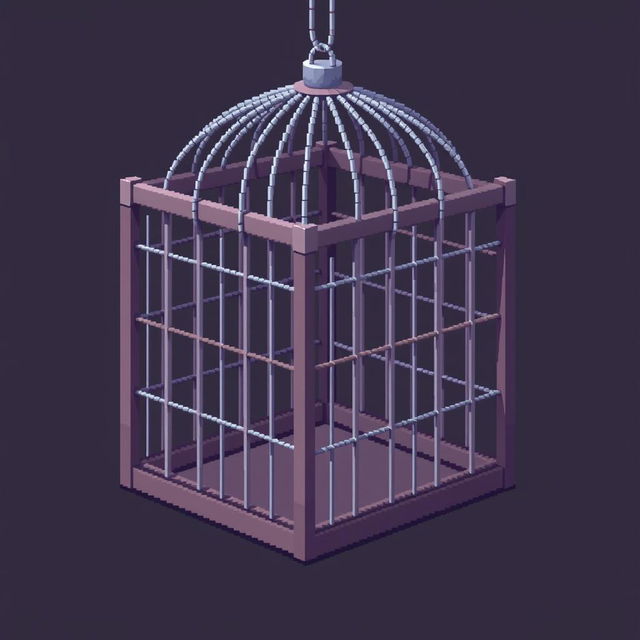 A pixel art depiction of a cage, intricately detailed in a digital environment