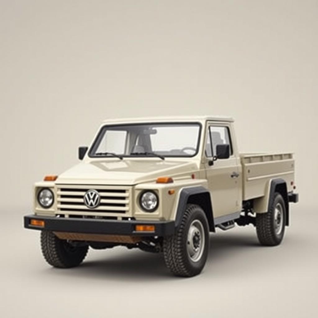 A creatively envisioned pickup truck inspired by the styling of the second generation Volkswagen LT35, incorporating actual parts from this iconic model