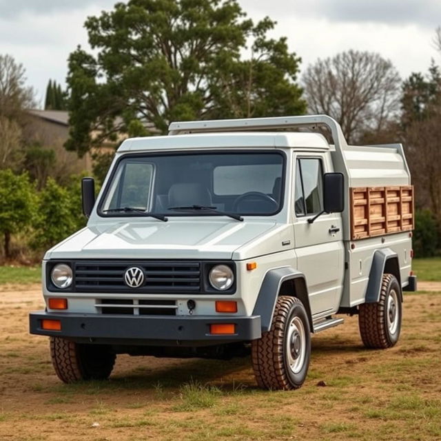 A creatively envisioned pickup truck inspired by the styling of the second generation Volkswagen LT35, incorporating actual parts from this iconic model