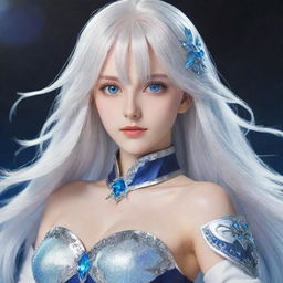 Anime female character with shoulder-length white hair, sparkling blue eyes and a magical costume from a fantasy world