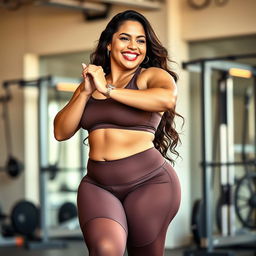 A voluptuous and confident woman engaged in a fitness routine, showcasing her curvy physique and vibrant energy