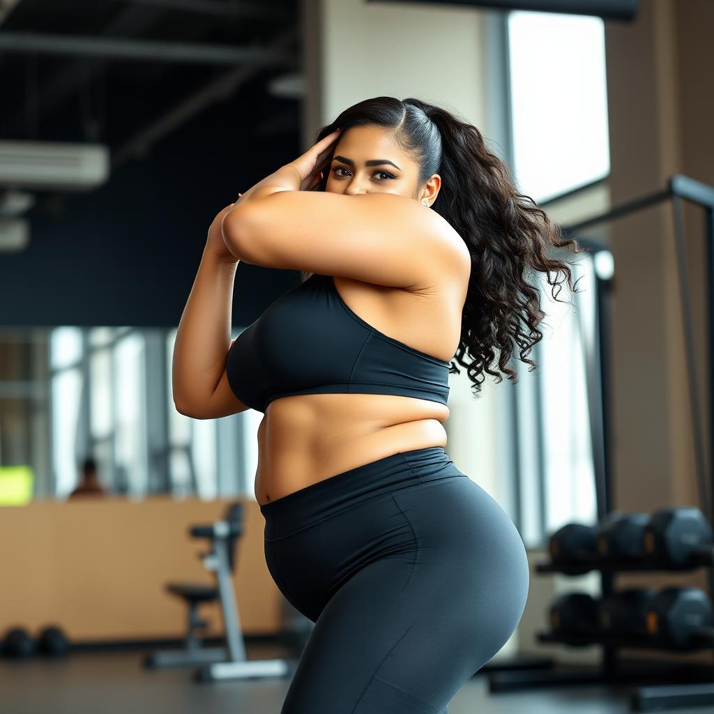 A voluptuous and confident woman engaged in a fitness routine, showcasing her curvy physique and vibrant energy