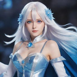 Anime female character with shoulder-length white hair, sparkling blue eyes and a magical costume from a fantasy world