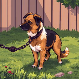 A pixel art depiction of a dog on a chain, capturing the essence of a loyal watchdog