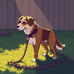 A pixel art depiction of a dog on a chain, capturing the essence of a loyal watchdog