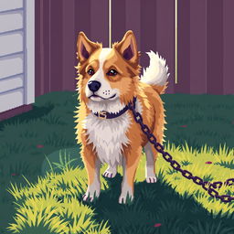 A pixel art depiction of a dog on a chain, capturing the essence of a loyal watchdog