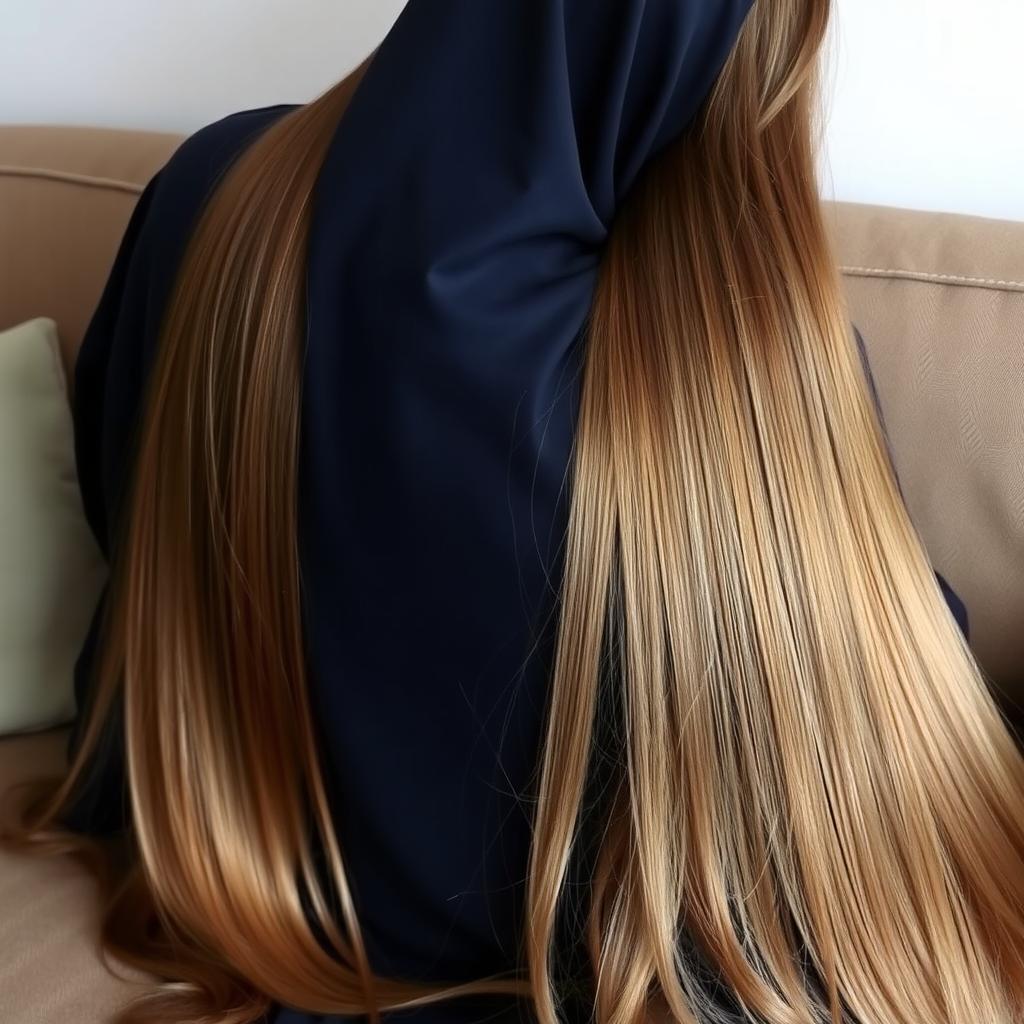 A mother with extremely long and silky hair is sitting on a sofa with her daughter