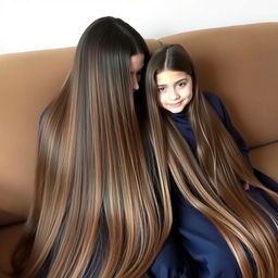 A mother with extremely long and silky hair is sitting on a sofa with her daughter