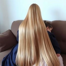 A mother with extremely long and silky hair is sitting on a sofa with her daughter