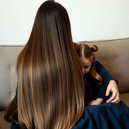 A mother with extremely long and silky hair is sitting on a sofa with her daughter