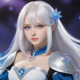 Anime female character with shoulder-length white hair, sparkling blue eyes and a magical costume from a fantasy world