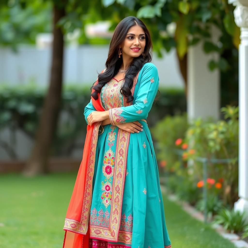 Indian woman dressed in a traditional salwar kameez, standing gracefully in an elegant pose, showcasing intricate embroidery and vibrant colors typical of Indian culture, with long flowing scarf and delicate jewelry, set in a serene outdoor garden setting