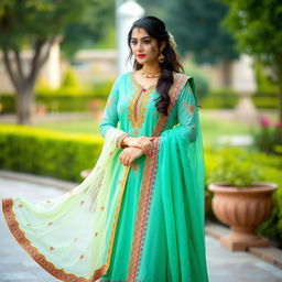 Indian woman dressed in a traditional salwar kameez, standing gracefully in an elegant pose, showcasing intricate embroidery and vibrant colors typical of Indian culture, with long flowing scarf and delicate jewelry, set in a serene outdoor garden setting