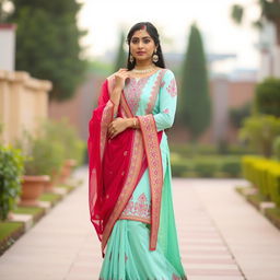 Indian woman dressed in a traditional salwar kameez, standing gracefully in an elegant pose, showcasing intricate embroidery and vibrant colors typical of Indian culture, with long flowing scarf and delicate jewelry, set in a serene outdoor garden setting