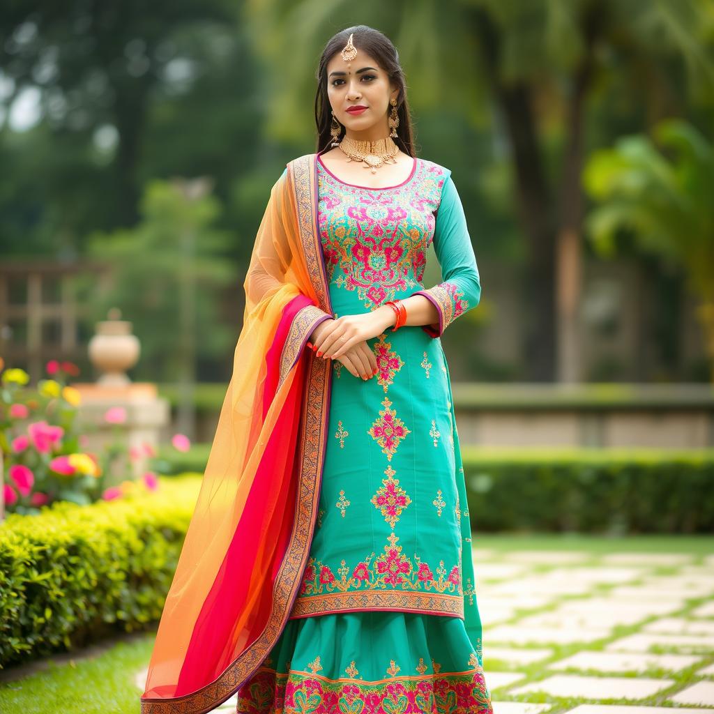 Indian woman dressed in a traditional salwar kameez, standing gracefully in an elegant pose, showcasing intricate embroidery and vibrant colors typical of Indian culture, with long flowing scarf and delicate jewelry, set in a serene outdoor garden setting