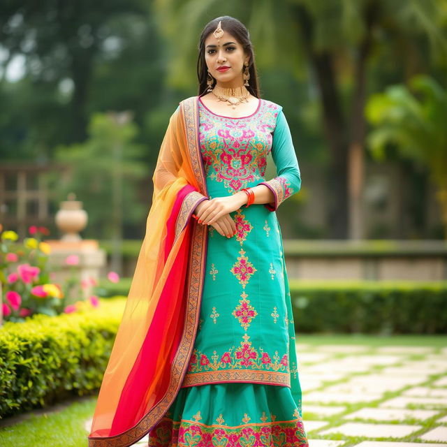 Indian woman dressed in a traditional salwar kameez, standing gracefully in an elegant pose, showcasing intricate embroidery and vibrant colors typical of Indian culture, with long flowing scarf and delicate jewelry, set in a serene outdoor garden setting